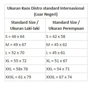 gambar tabel ukuran kaos dengan standar internasional